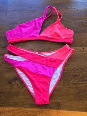 NWT Popvil Hot Pink Colorblock Assymetrical Cut-Out Bikini Set Size XXL